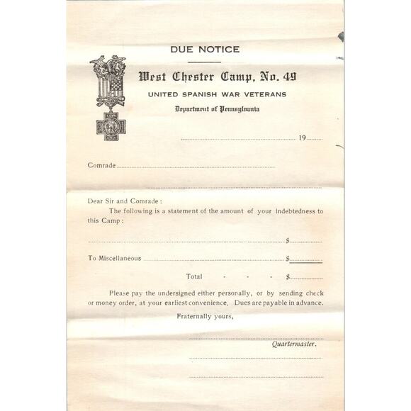 None Other - Antique United Spanish War Veterans West Chester Camp 49 Blank Due Notice AB6OD1